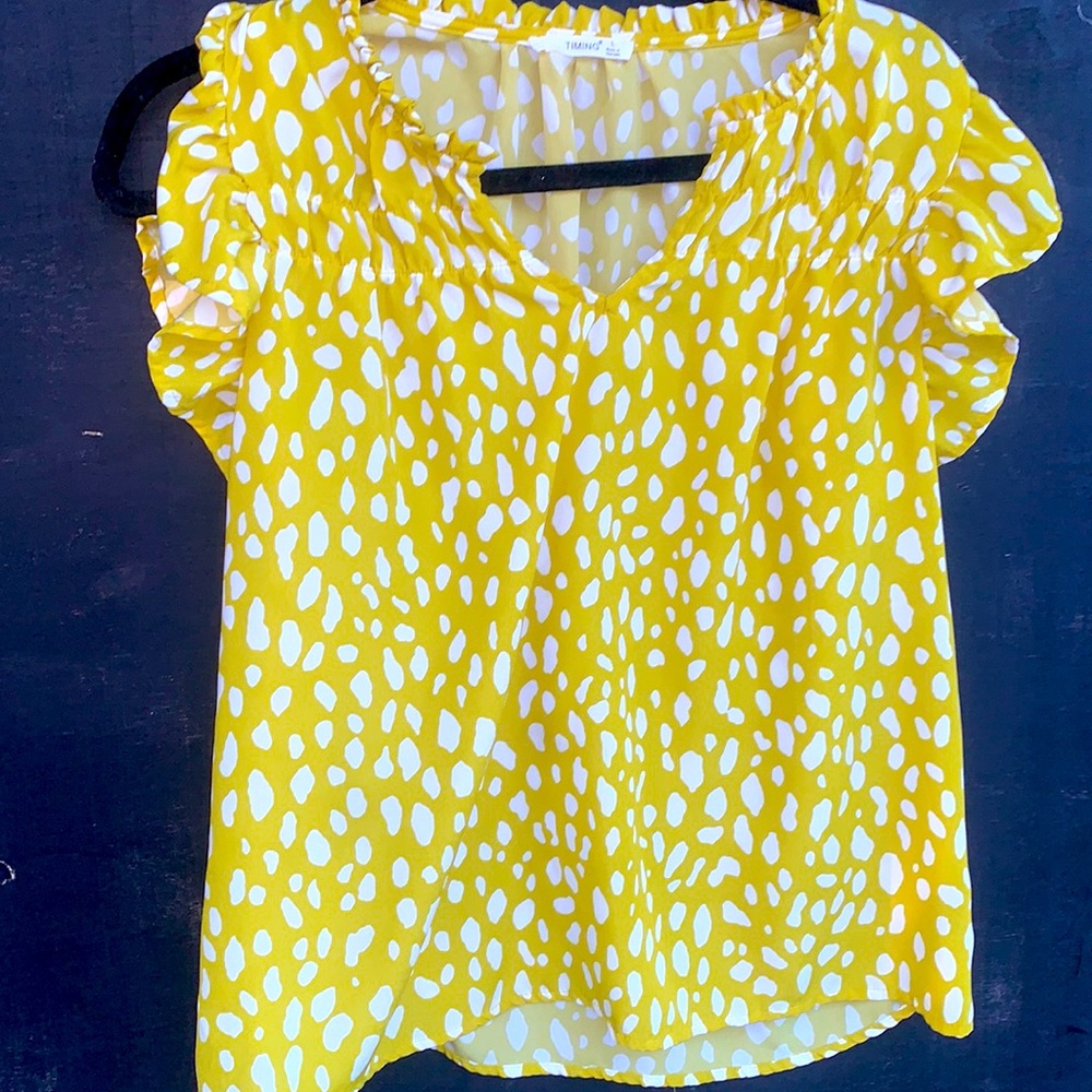 Timing Bright Yellow blouse with white spots Large